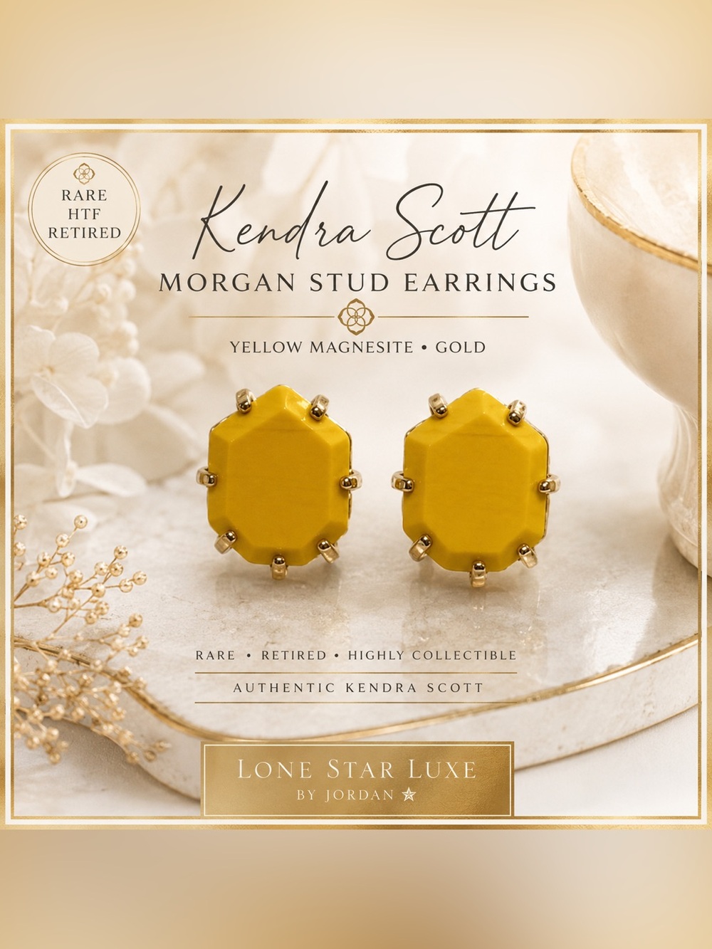 RARE HTF Retired Kendra Scott Morgan Stud Earrings Yellow Magnesite Gold